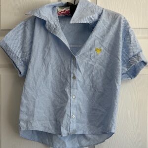Passport Light Blue Striped Button-Down Shirt with Yellow Heart